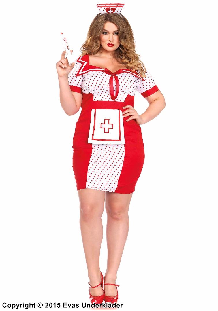 Krankenschwester, Kostüm-Kleid, Satinschleife, kurze Ärmel, Schürze, polka dot, XL bis 4XL